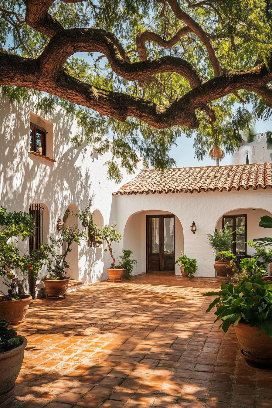 modern mexican house courtyard with terracotta tiled floor lush potted plants white stucco walls barrel shingle roof modern windows and doors