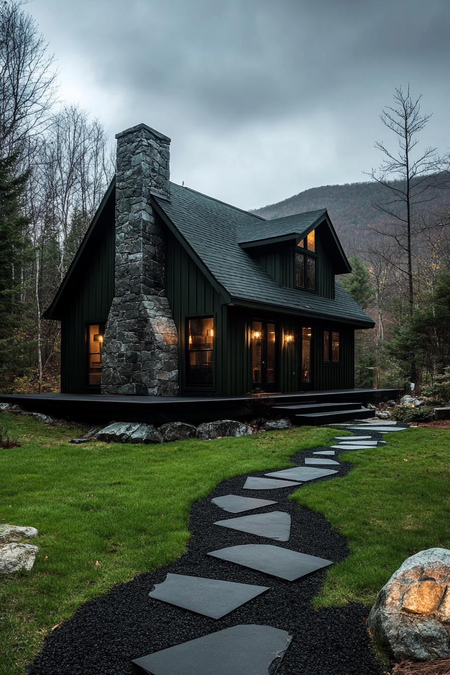 modern mountain cabin with dark stone foundation and chimney deep dark green siding sloped dark roof dark mulch yard with geometric paver pathway 1