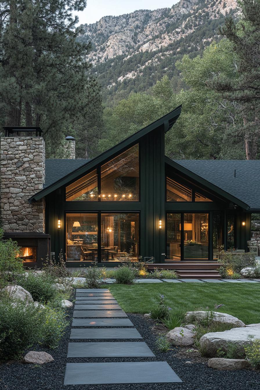 modern mountain cabin with dark stone foundation and chimney deep dark green siding sloped dark roof dark mulch yard with geometric paver pathway 2