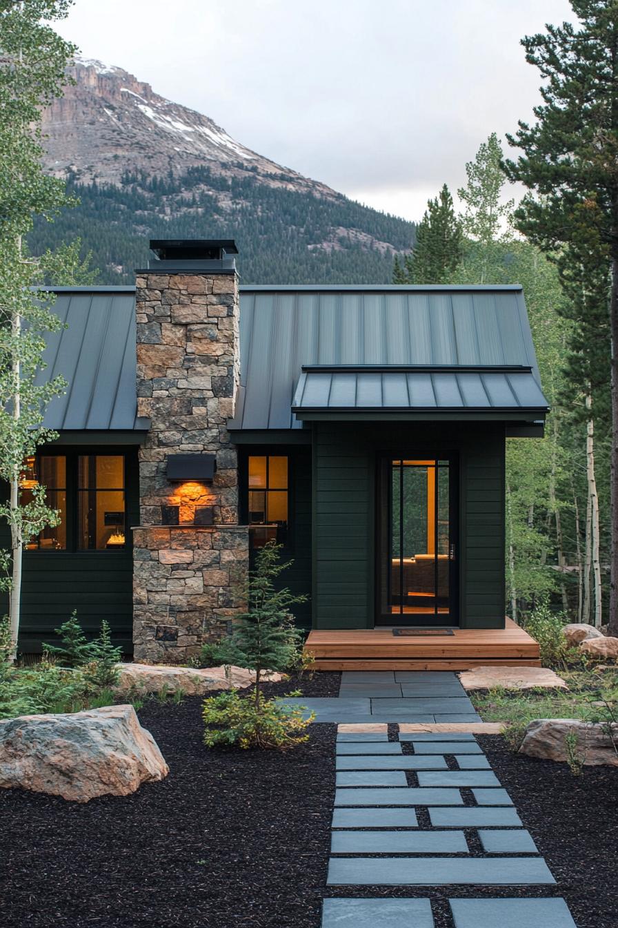 modern mountain cabin with dark stone foundation and chimney deep dark green siding sloped dark roof dark mulch yard with geometric paver pathway 3