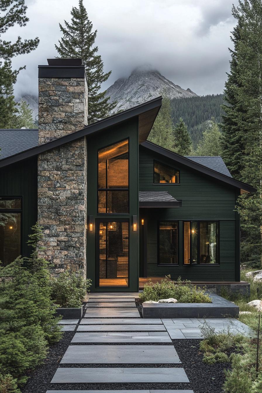 modern mountain cabin with dark stone foundation and chimney deep dark green siding sloped dark roof dark mulch yard with geometric paver pathway