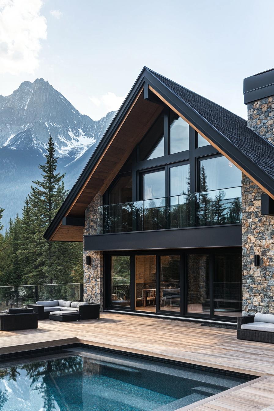 modern mountain chalet with stone and dark wood geometric facade black pitched roof large modern windows sliding doors to wooden deck patio with a 1