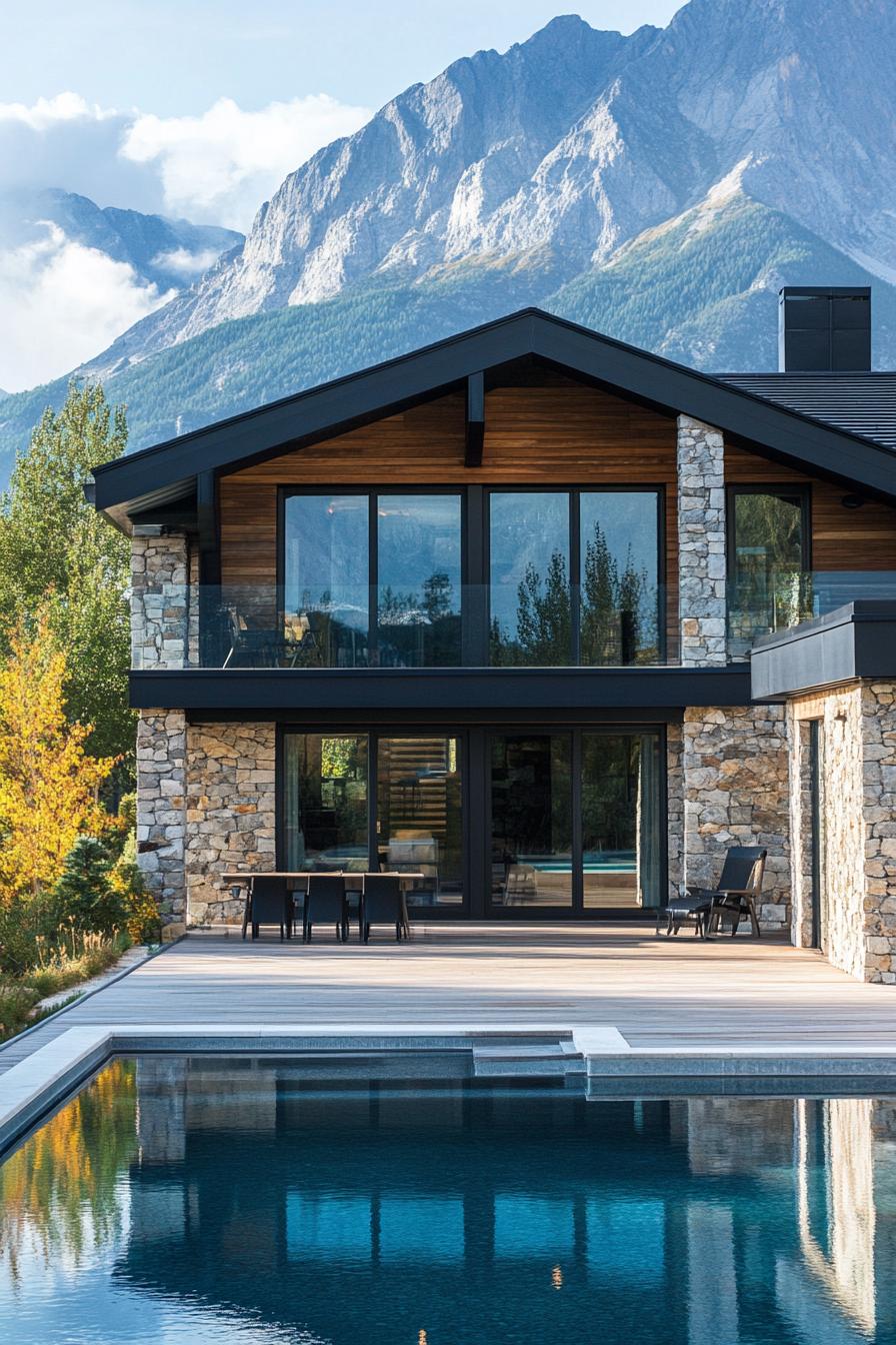 modern mountain chalet with stone and dark wood geometric facade black pitched roof large modern windows sliding doors to wooden deck patio with a 2