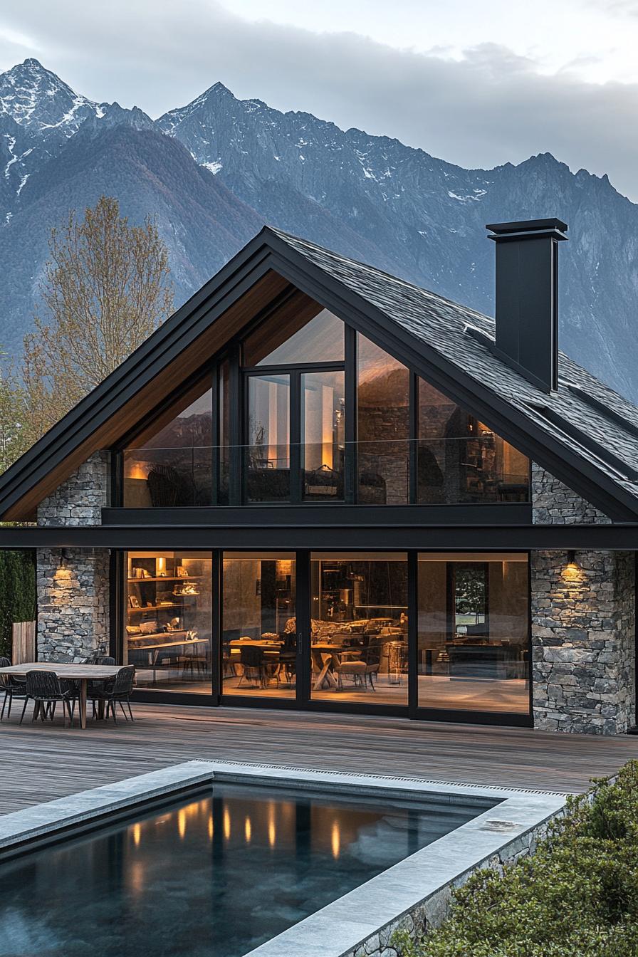 modern mountain chalet with stone and dark wood geometric facade black pitched roof large modern windows sliding doors to wooden deck patio with a