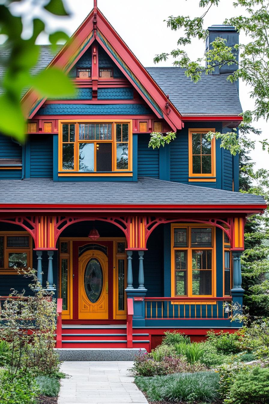 modern neo Victorian style house facade with vibrant contrasting trim and siding 1