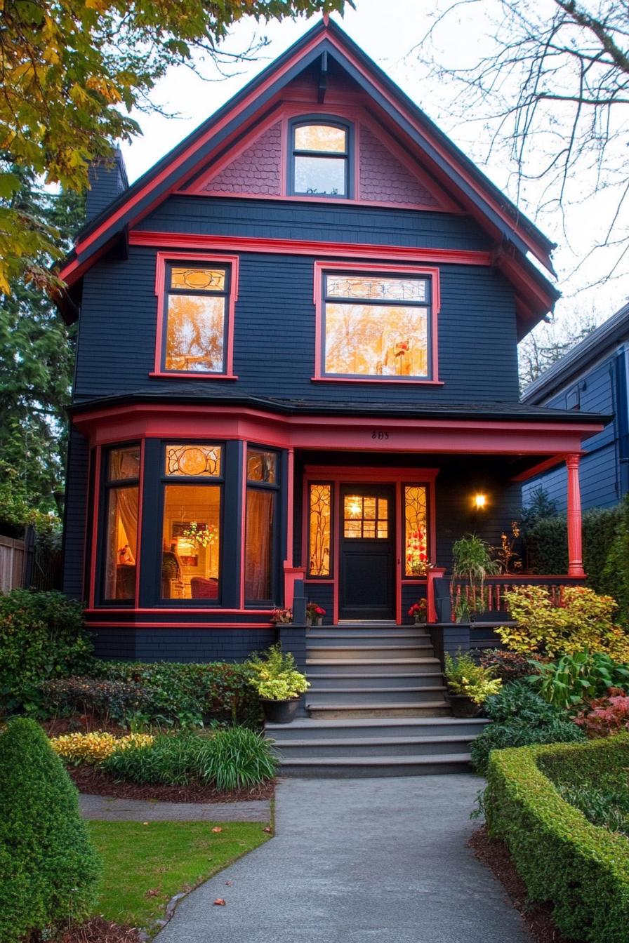 modern neo Victorian style house facade with vibrant contrasting trim and siding 3