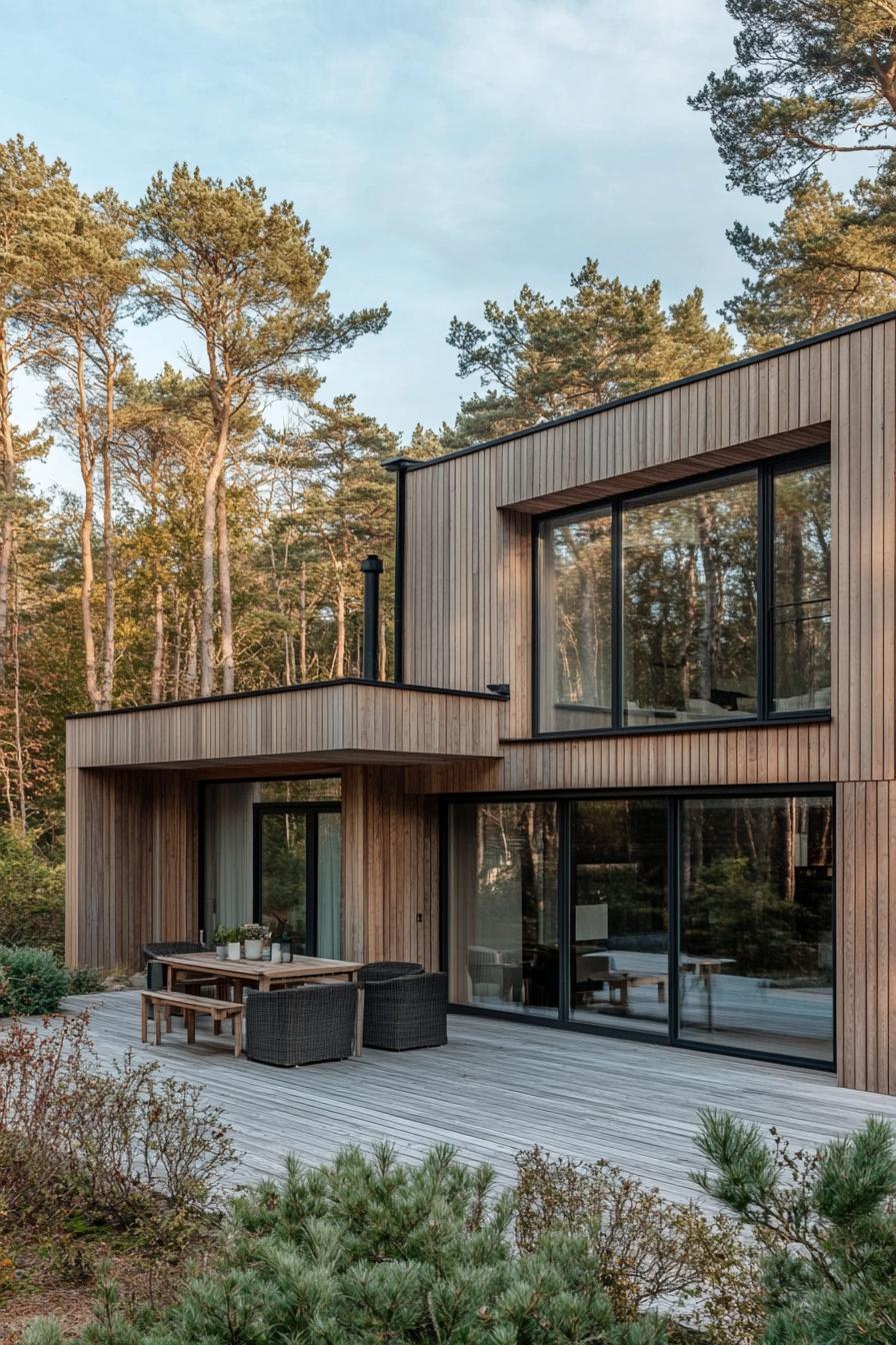 modern nordic house with wooden siding large wooden deck shrubs in a forest