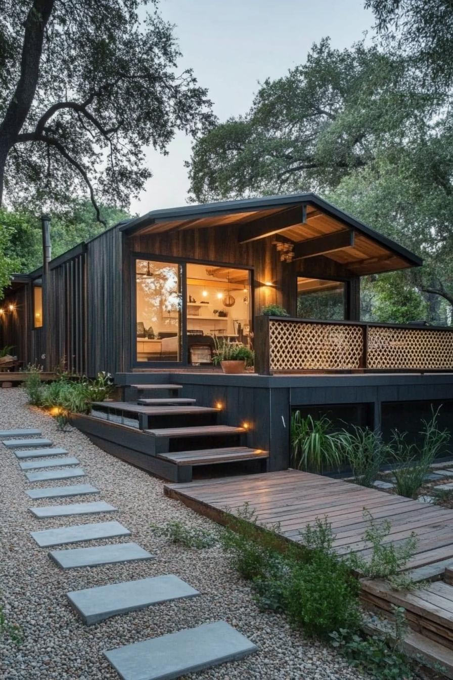 modern prefab small house facade with rustic wood cladding sloped roof extending over a raised deck with steps deck has a lattice on one side up to 1