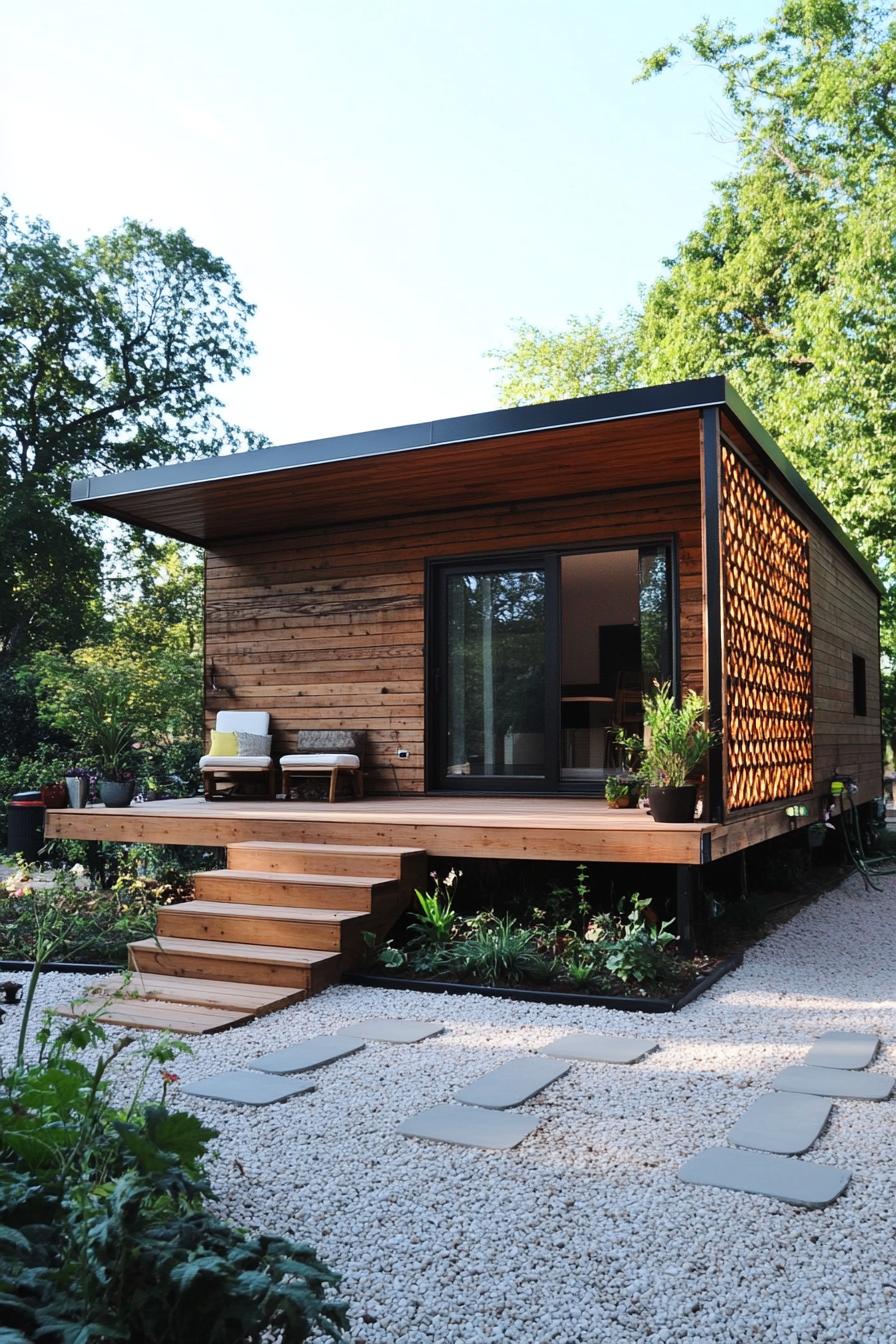 modern prefab small house facade with rustic wood cladding sloped roof extending over a raised deck with steps deck has a lattice on one side up to 2