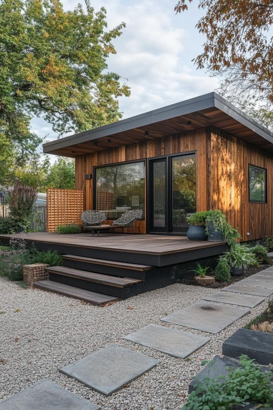 modern prefab small house facade with rustic wood cladding sloped roof extending over a raised deck with steps deck has a lattice on one side up to 3