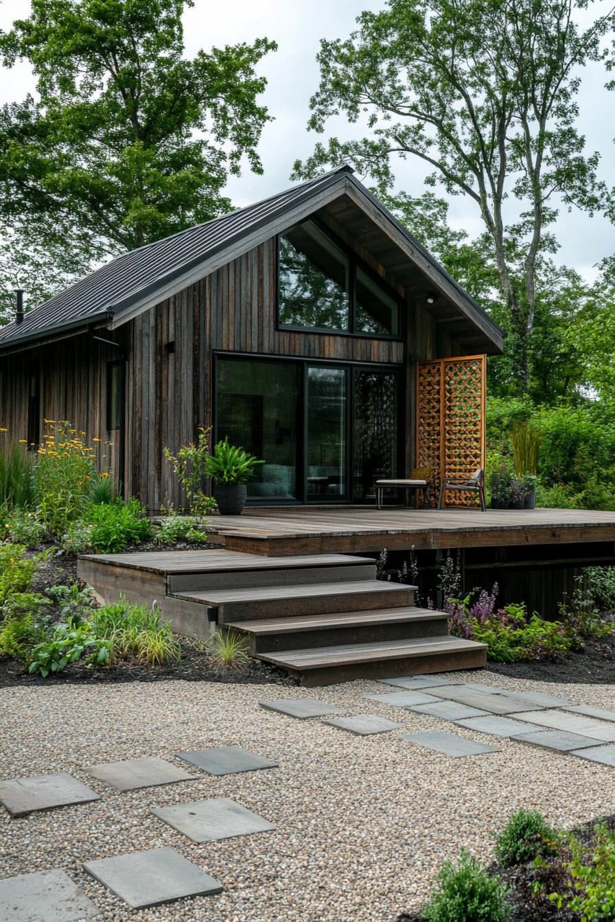 modern prefab small house facade with rustic wood cladding sloped roof extending over a raised deck with steps deck has a lattice on one side up to