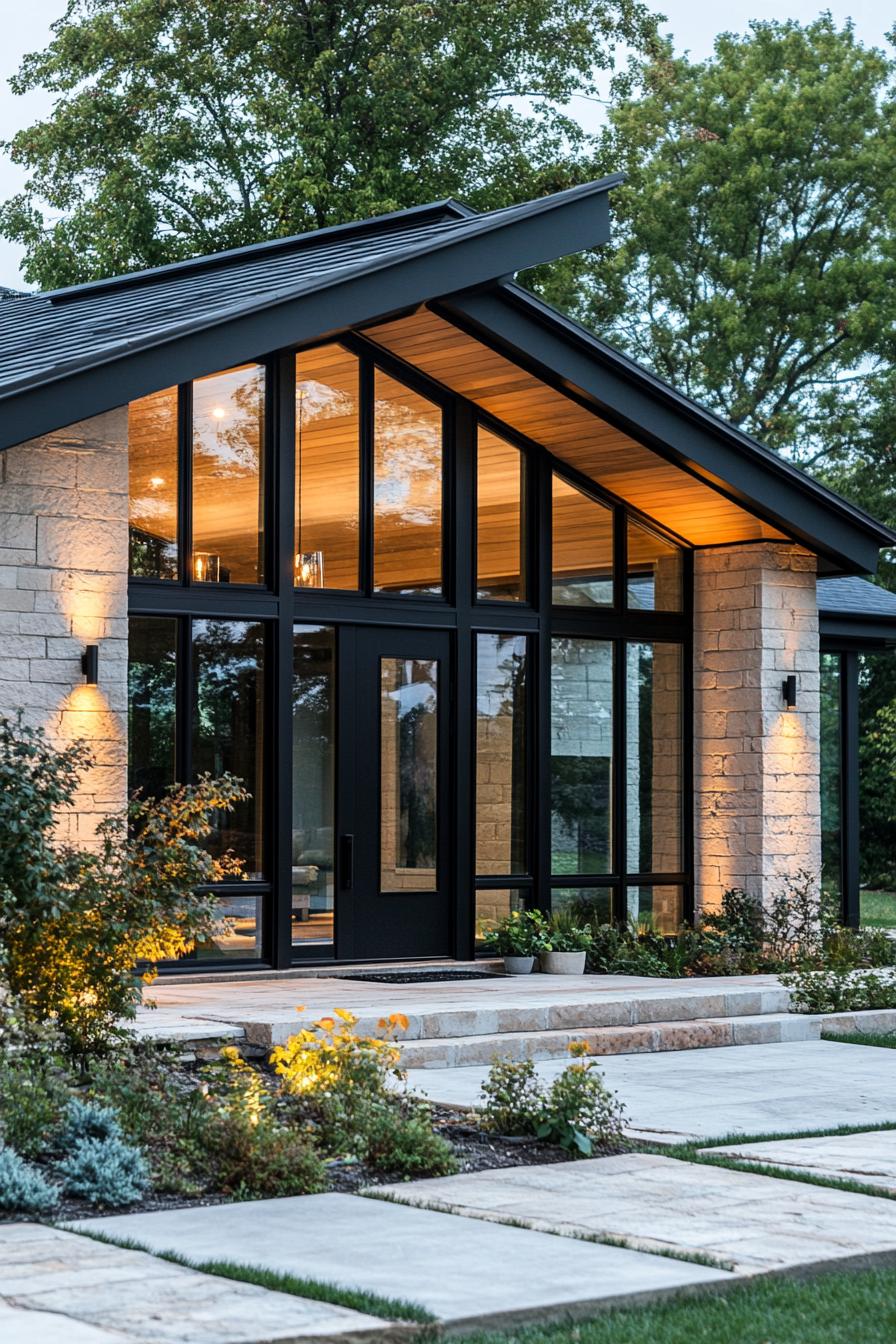 modern ranch house facade with black framed windows and doors 1