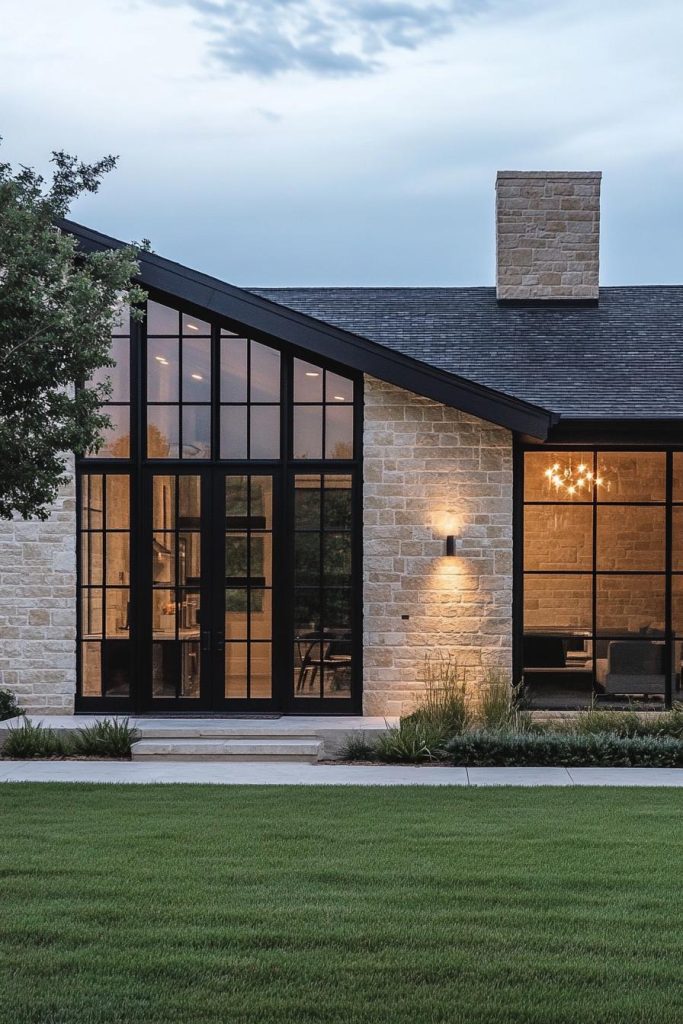 Modern ranch house with stone walls and large black-framed windows