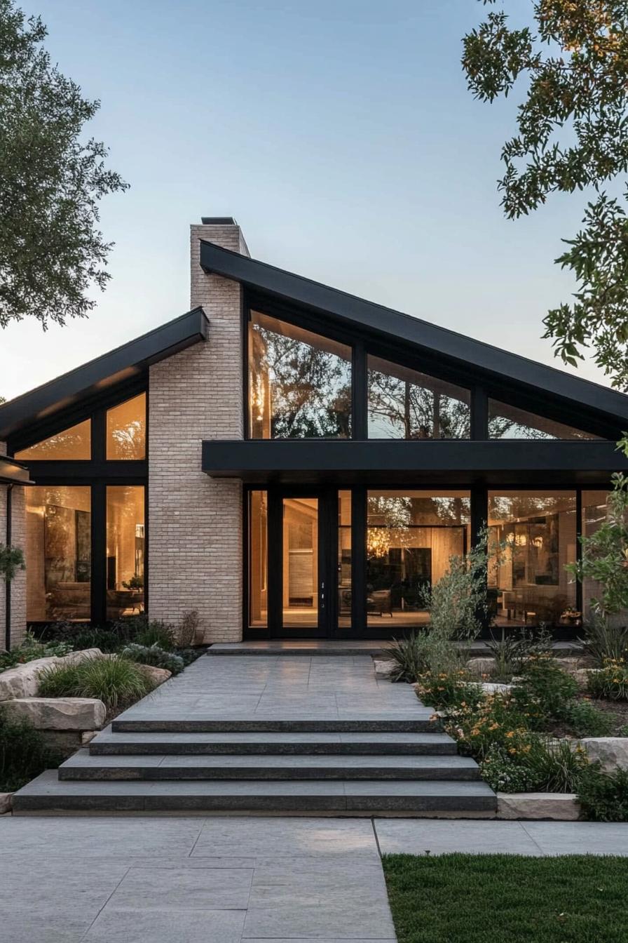 modern ranch house facade with black framed windows and doors 3