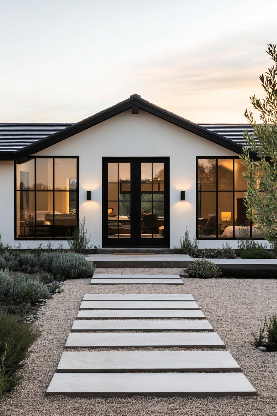 modern ranch house facade with black framed windows and doors