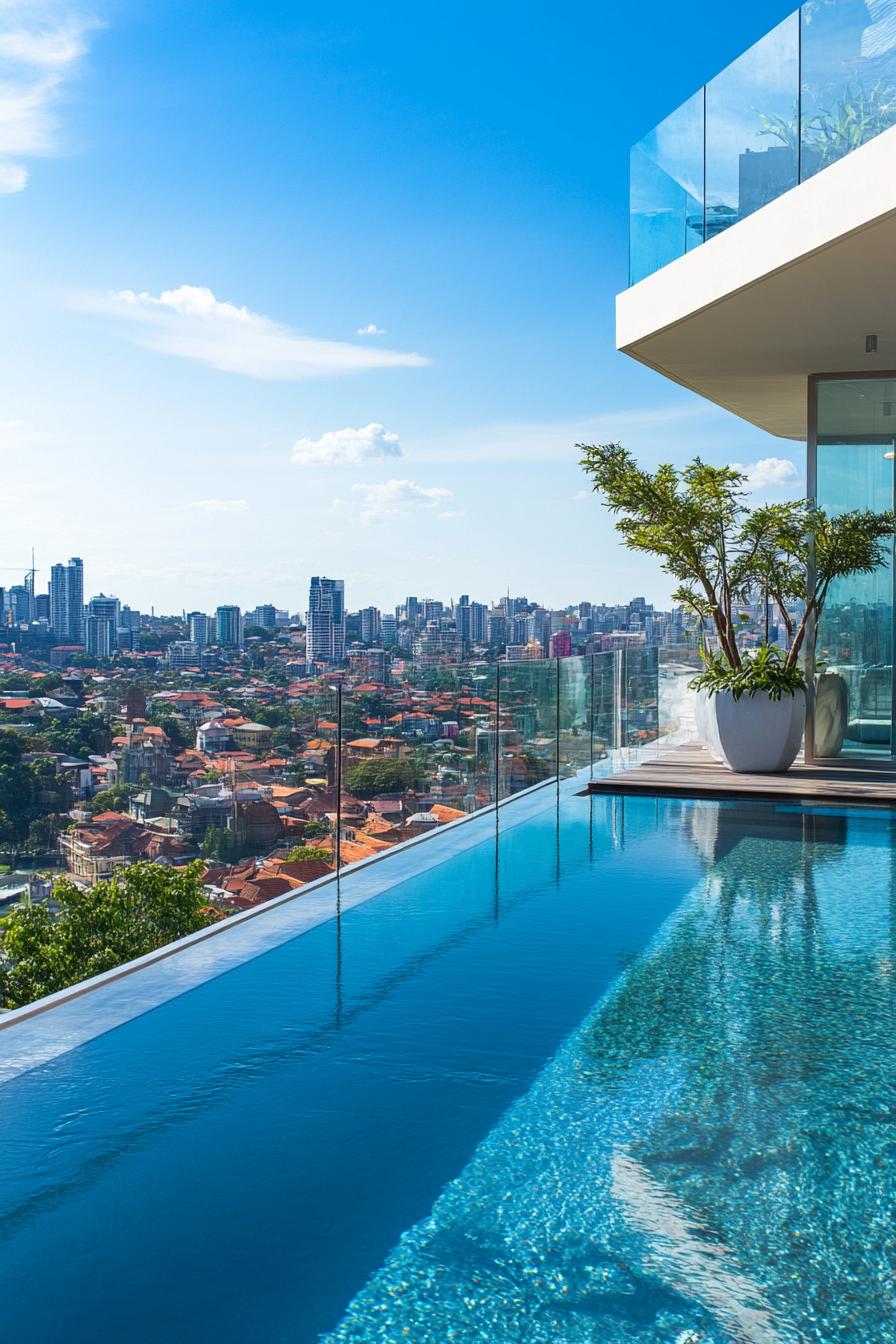 modern rooftop pool with glass railings overlooking a city 2