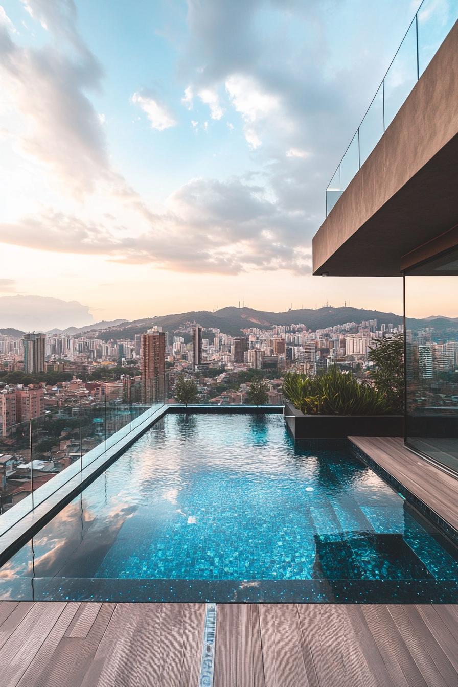 modern rooftop pool with glass railings overlooking a city