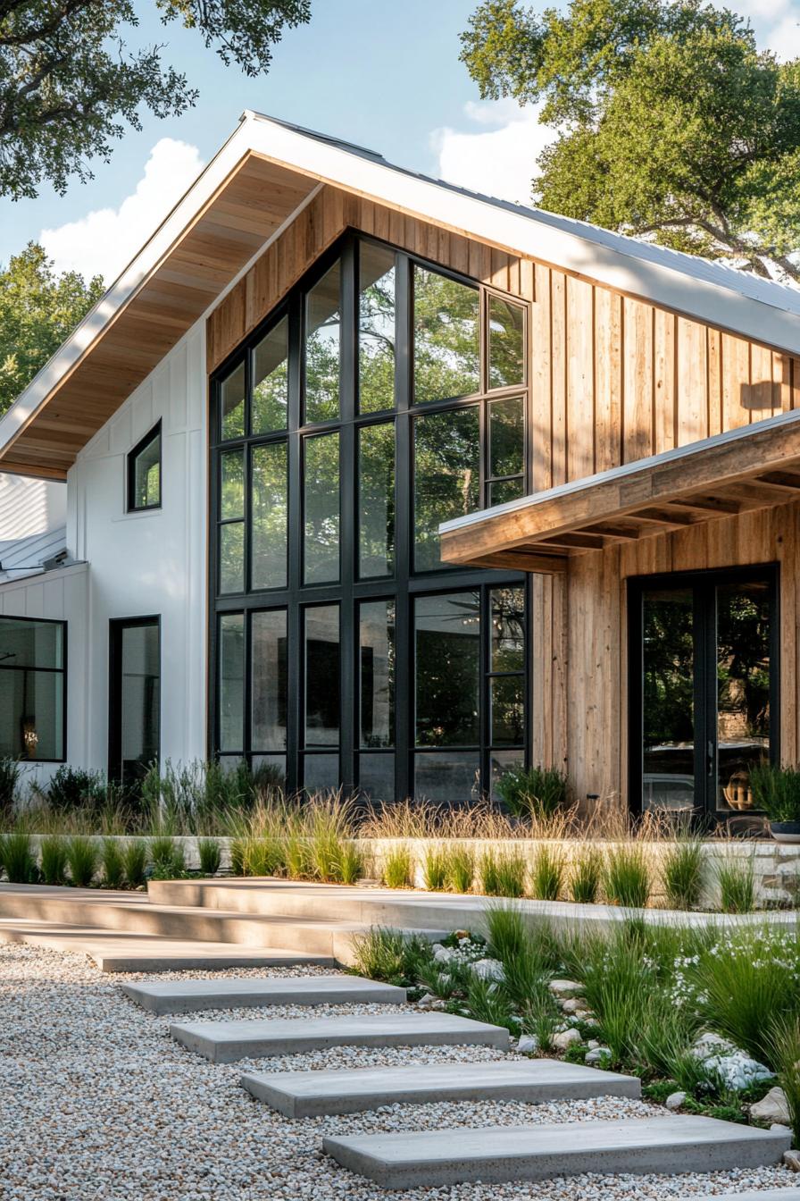 modern rustic geometric house facade with natural wood siding large black windows sloped white roof porch with wooden beams and steps gravel and 1