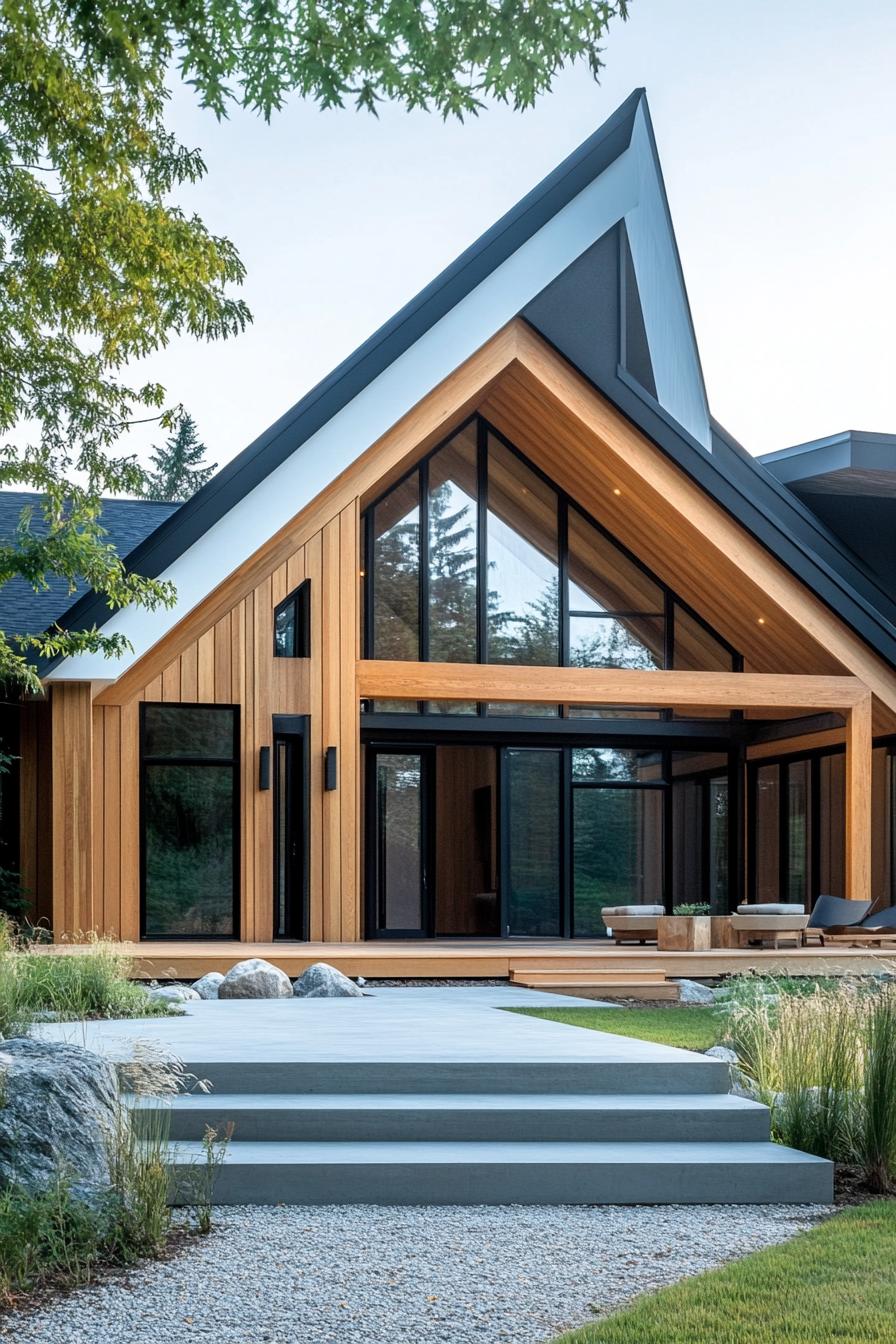 modern rustic geometric house facade with natural wood siding large black windows sloped white roof porch with wooden beams and steps gravel and 2