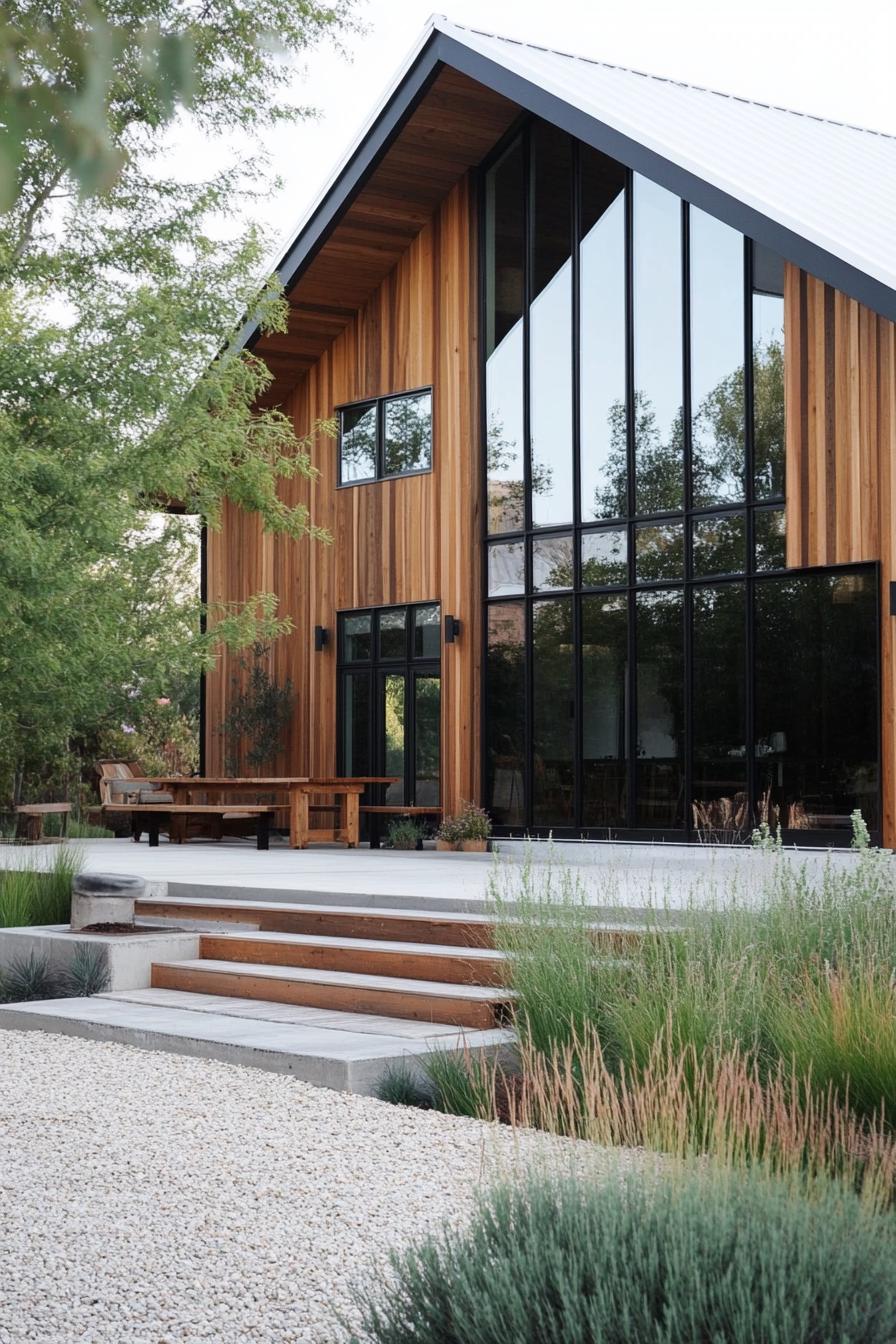 modern rustic geometric house facade with natural wood siding large black windows sloped white roof porch with wooden beams and steps gravel and 3