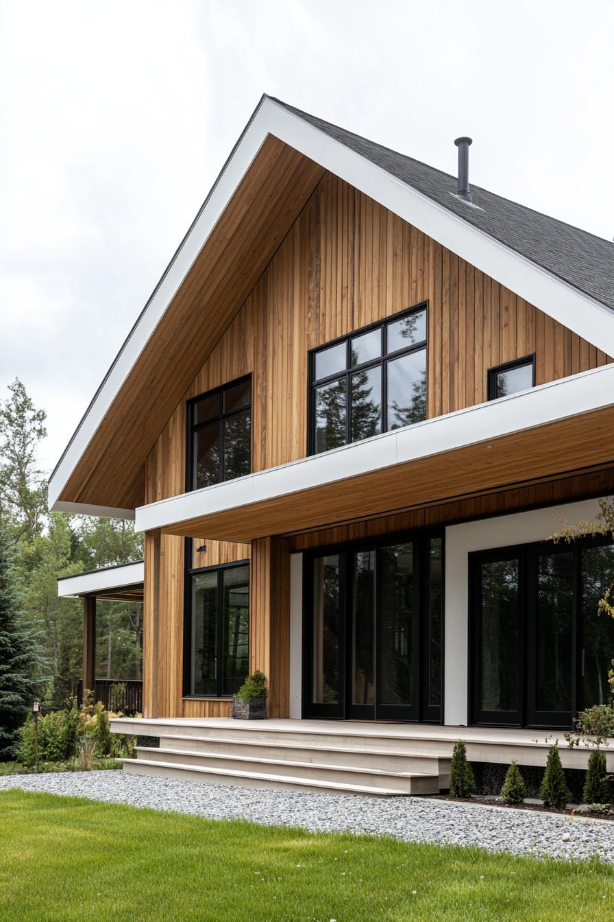 modern rustic geometric house facade with natural wood siding large black windows sloped white roof porch with wooden beams and steps gravel and