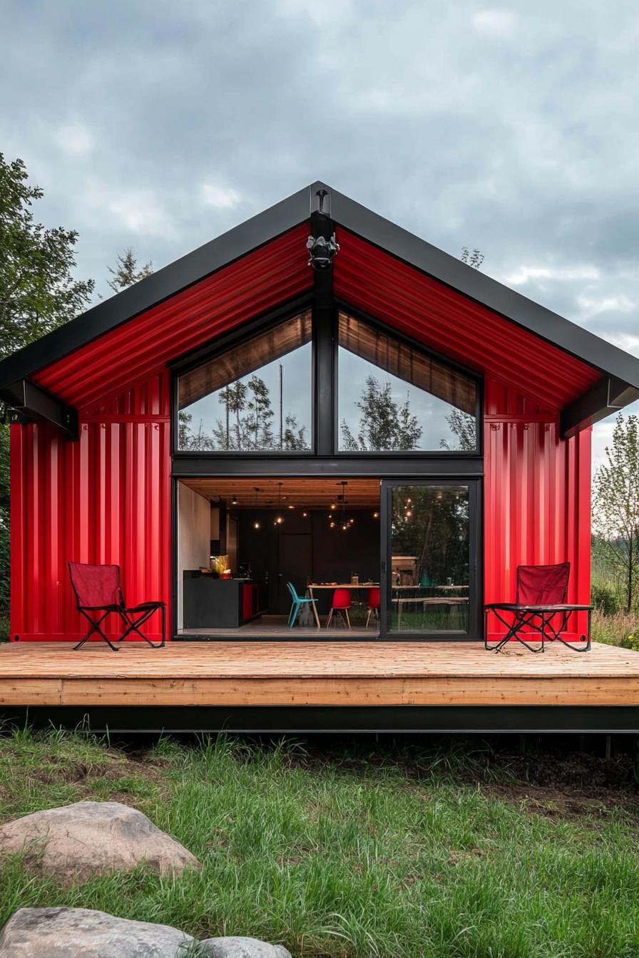 modern shipping container house with gable roof and porch