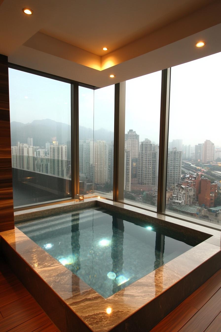 modern small indoor pool glass walled with city views