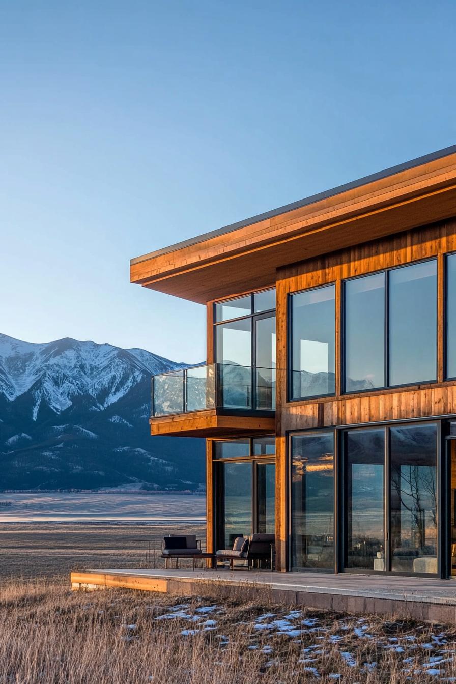 modern timber frame house reclaimed wood facade with expansive windows impressive range of mountains in the distance 1