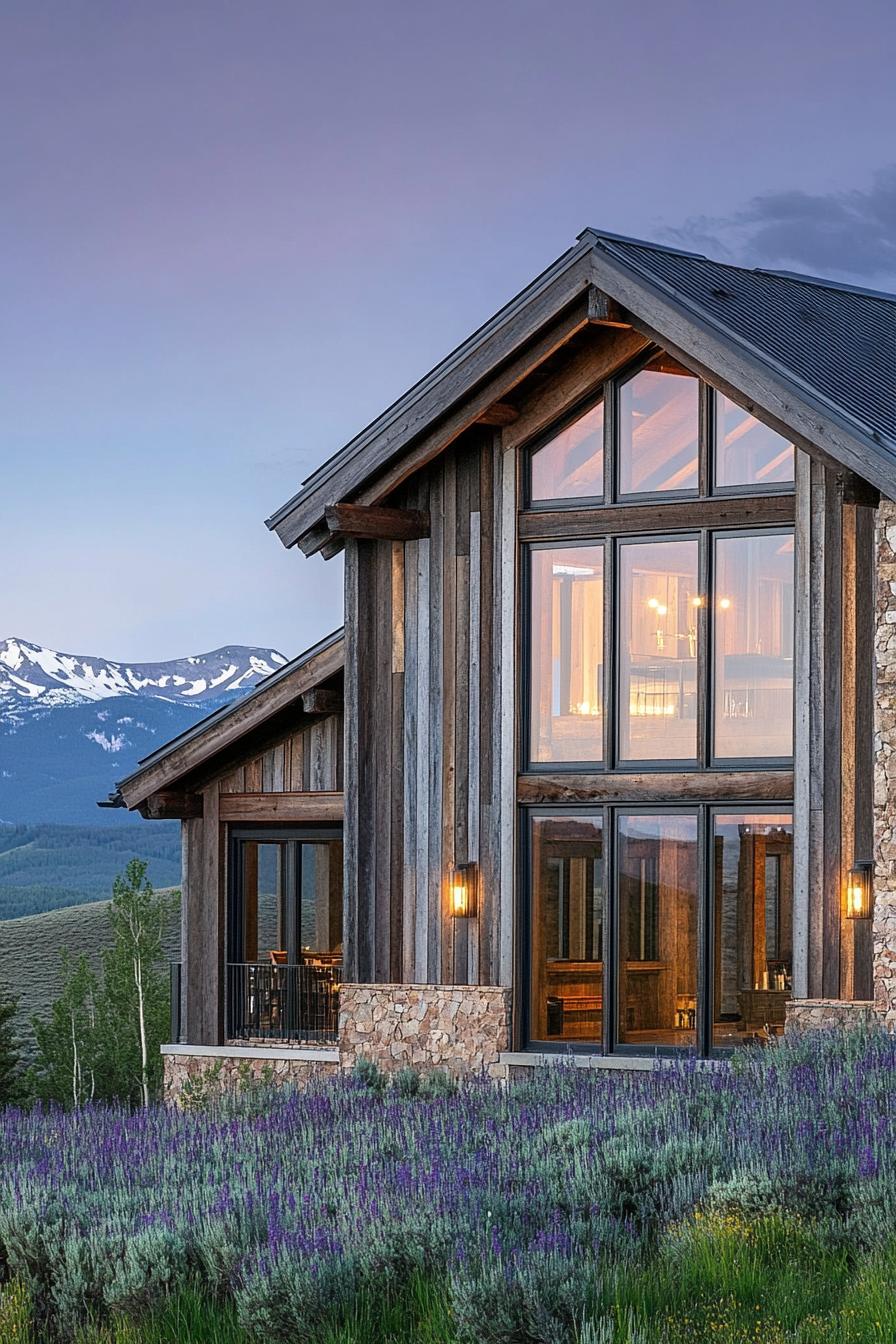 modern timber frame house reclaimed wood facade with expansive windows impressive range of mountains in the distance 2