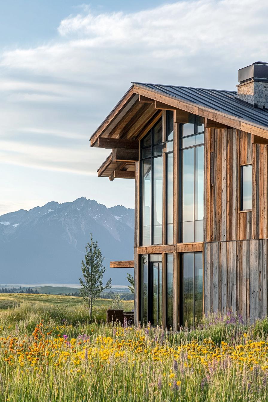 modern timber frame house reclaimed wood facade with expansive windows impressive range of mountains in the distance 3