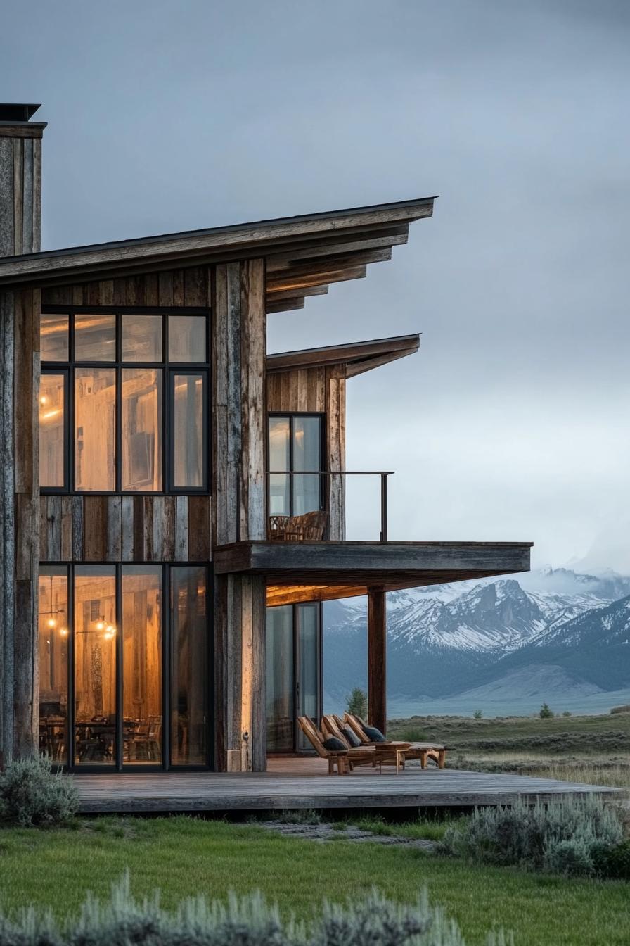 modern timber frame house reclaimed wood facade with expansive windows impressive range of mountains in the distance