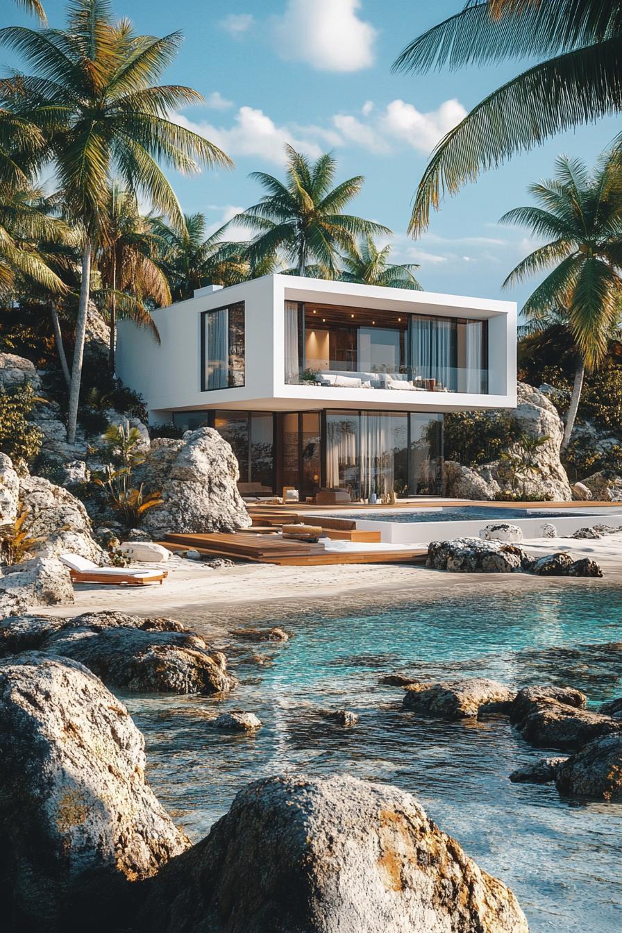 modern tiny white two storied house with a pool and deck rocky beach with tall palms