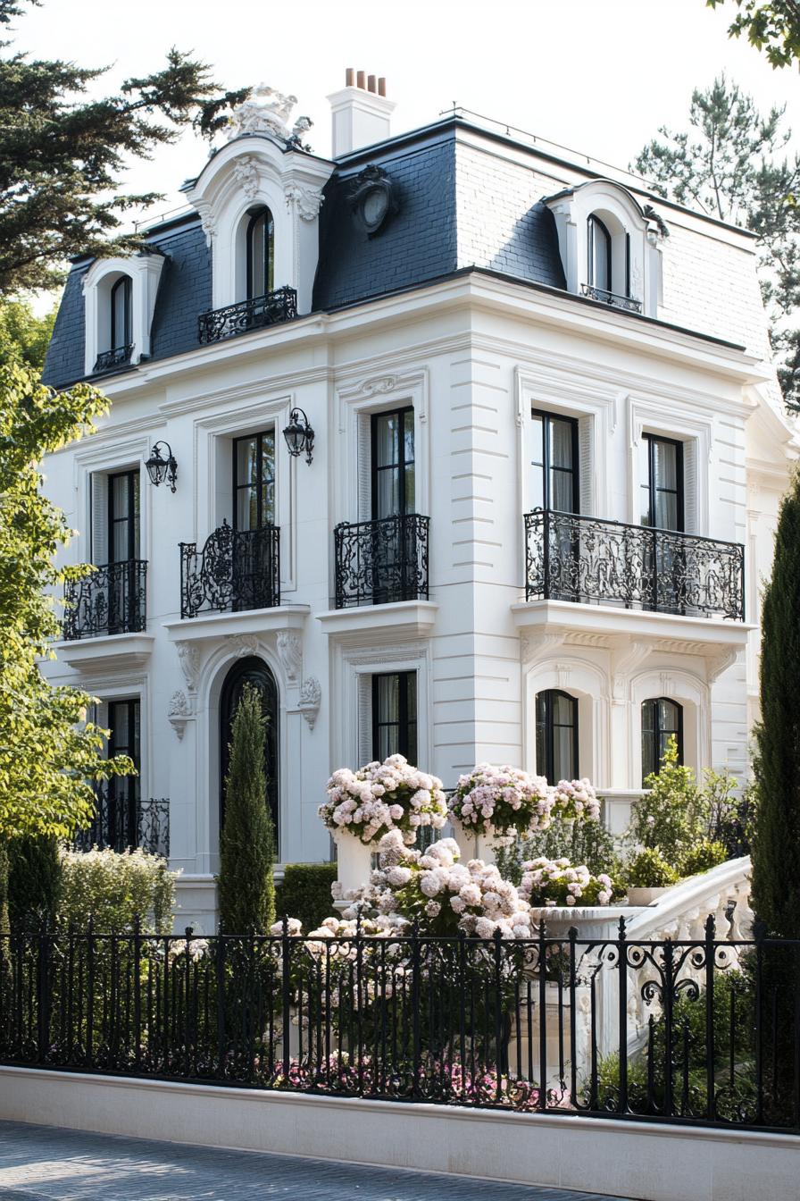 modern white french mansion with black roof and iron balconies landscape with flowers