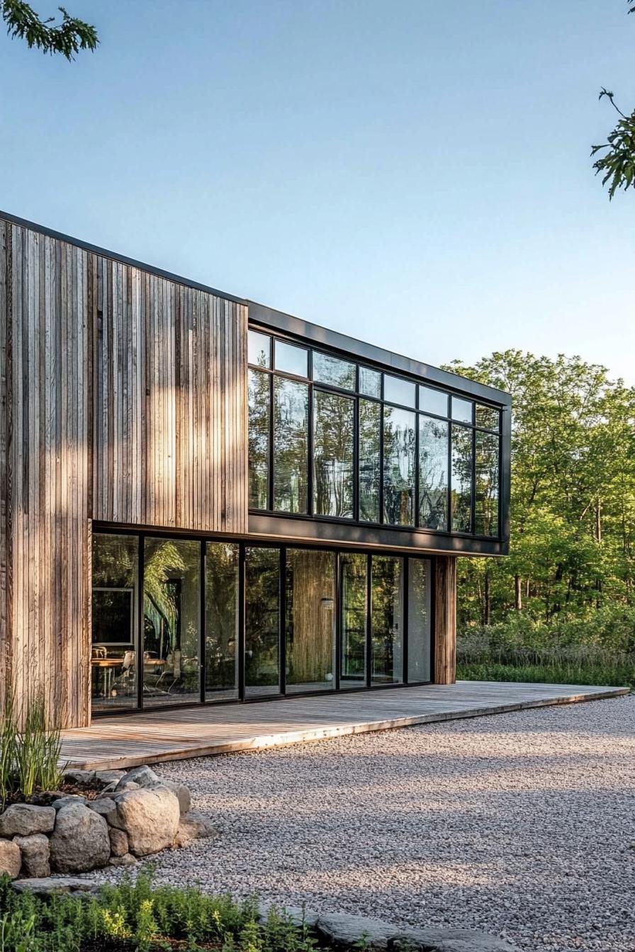 modern wood house facade of vertival cedar planks and large glass windows large gravel frontyard 1