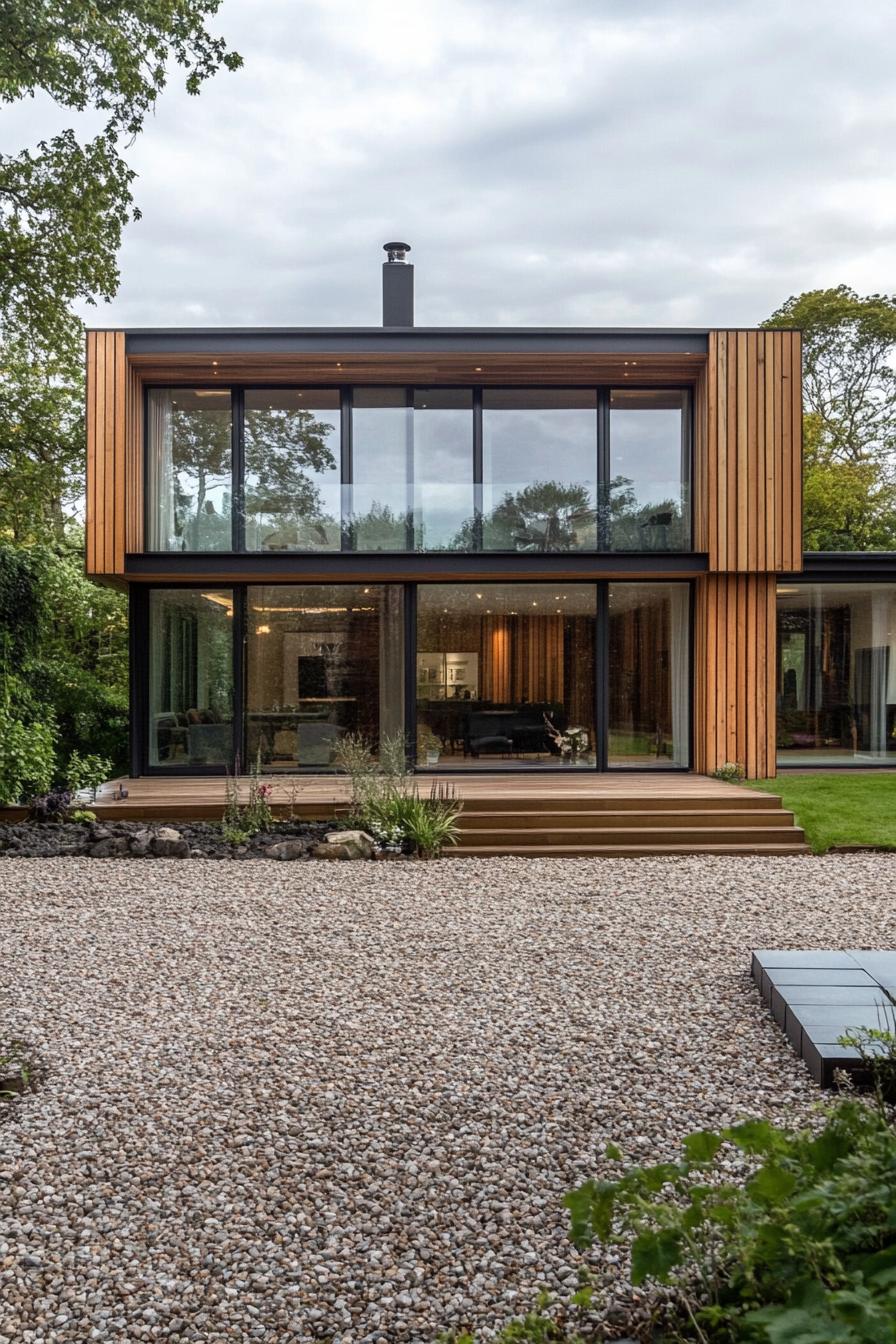 modern wood house facade of vertival cedar planks and large glass windows large gravel frontyard 2