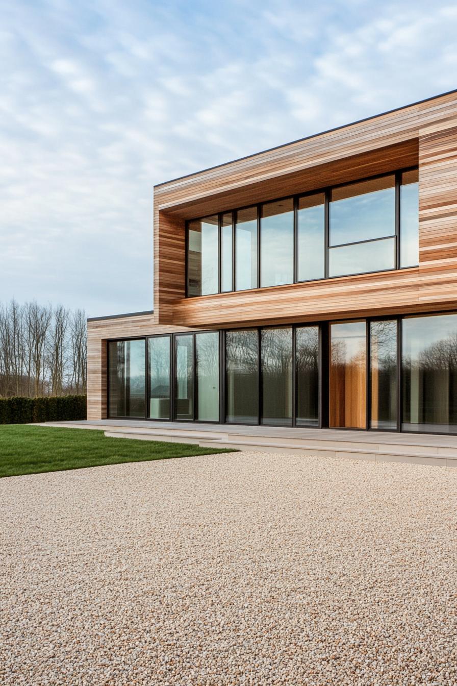 modern wood house facade of vertival cedar planks and large glass windows large gravel frontyard 3