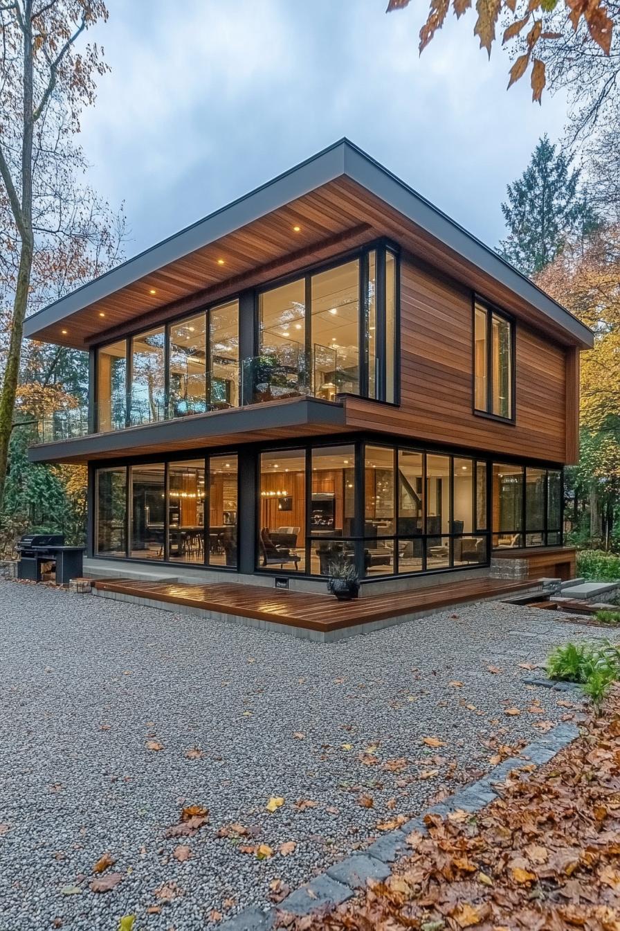 modern wood house facade of vertival cedar planks and large glass windows large gravel frontyard