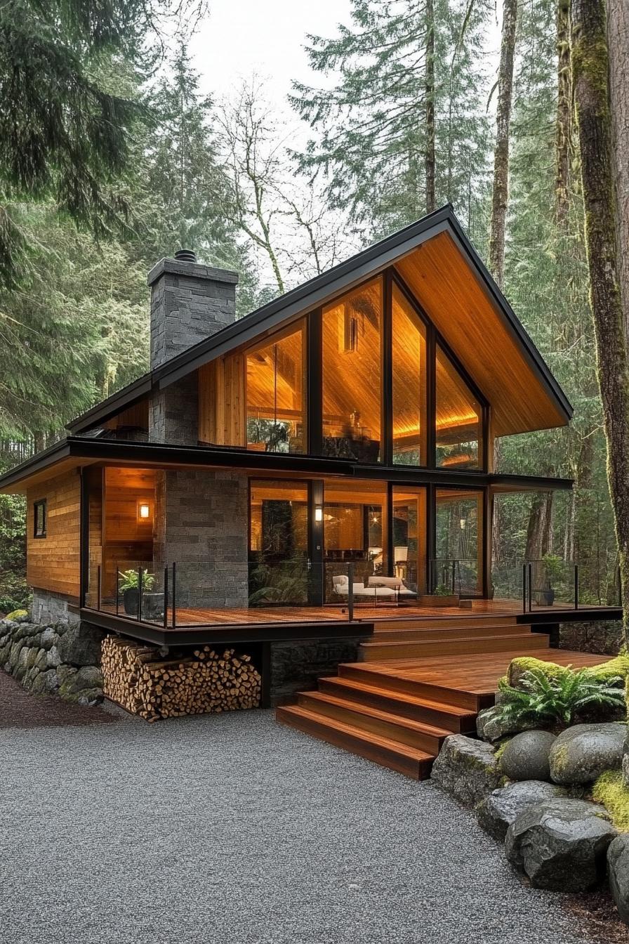 modern wooden forest lodge with gabled roof elevated porch with steps stacked firewood under the porch in a forest with a driveway bordered with 1