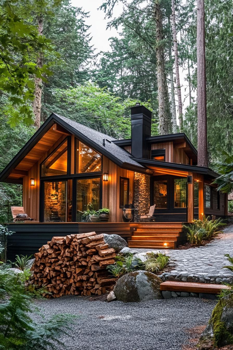 modern wooden forest lodge with gabled roof elevated porch with steps stacked firewood under the porch in a forest with a driveway bordered with 2