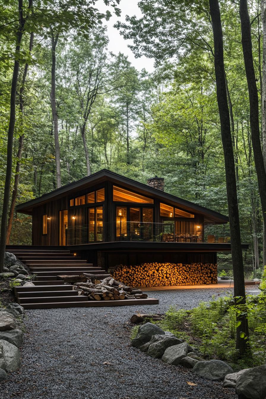 modern wooden forest lodge with gabled roof elevated porch with steps stacked firewood under the porch in a forest with a driveway bordered with