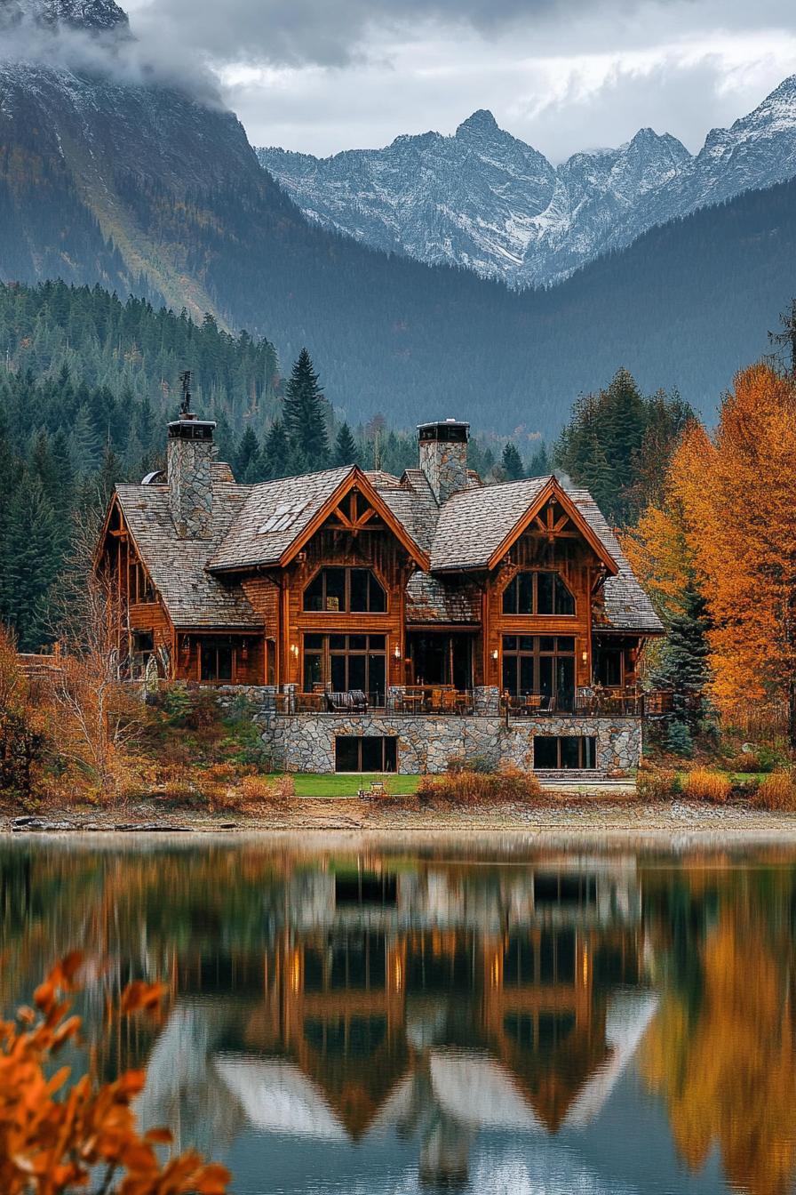 mountain forest mansion with stone foundation wooden siding large windows multi pitched roof lake in front with the reflection of the house rpcky 1