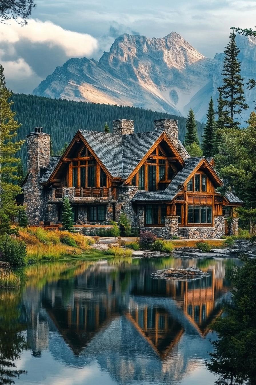 mountain forest mansion with stone foundation wooden siding large windows multi pitched roof lake in front with the reflection of the house rpcky