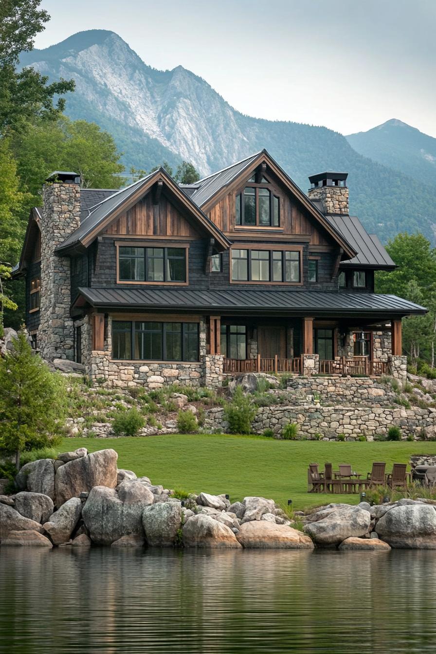 mountain house on a green hillside three storied facade stone and wood cladding metal roof with overhangs front yard borders with a lakeside lined with rocks mountain range in the background 1