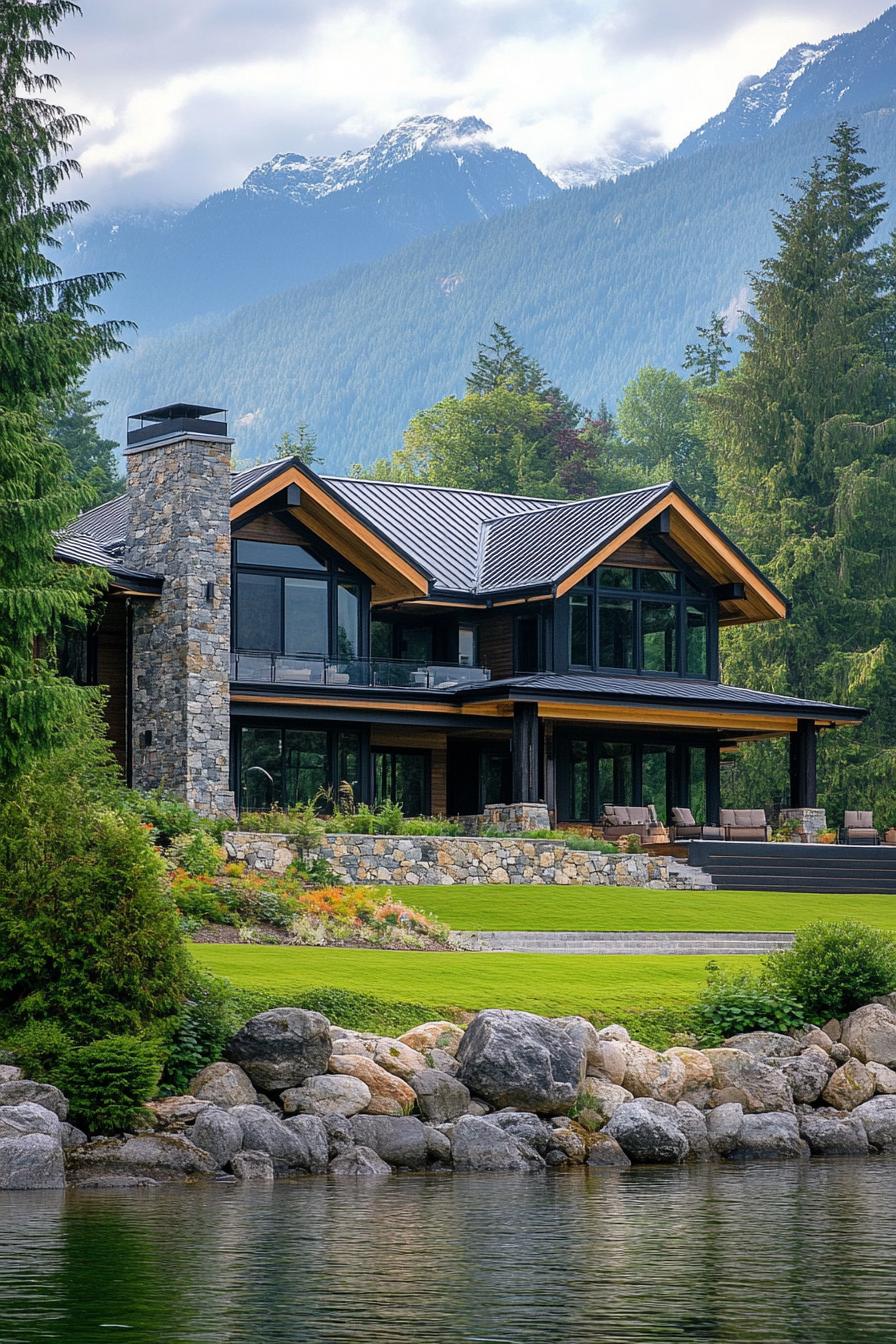 mountain house on a green hillside three storied facade stone and wood cladding metal roof with overhangs front yard borders with a lakeside lined with rocks mountain range in the background 2