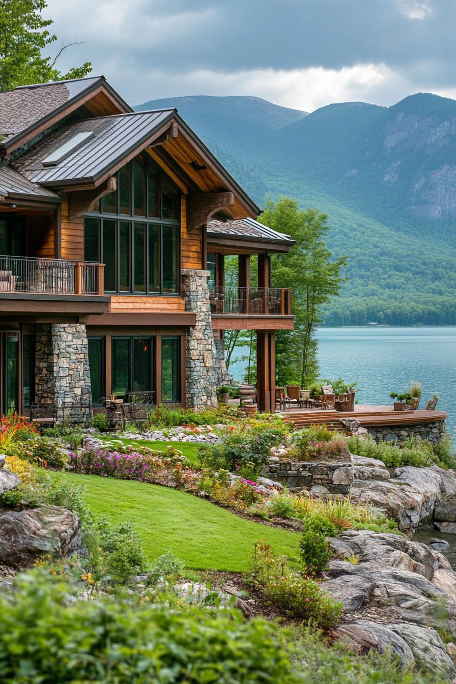 mountain house on a green hillside three storied facade stone and wood cladding metal roof with overhangs front yard borders with a lakeside lined with rocks mountain range in the background 3