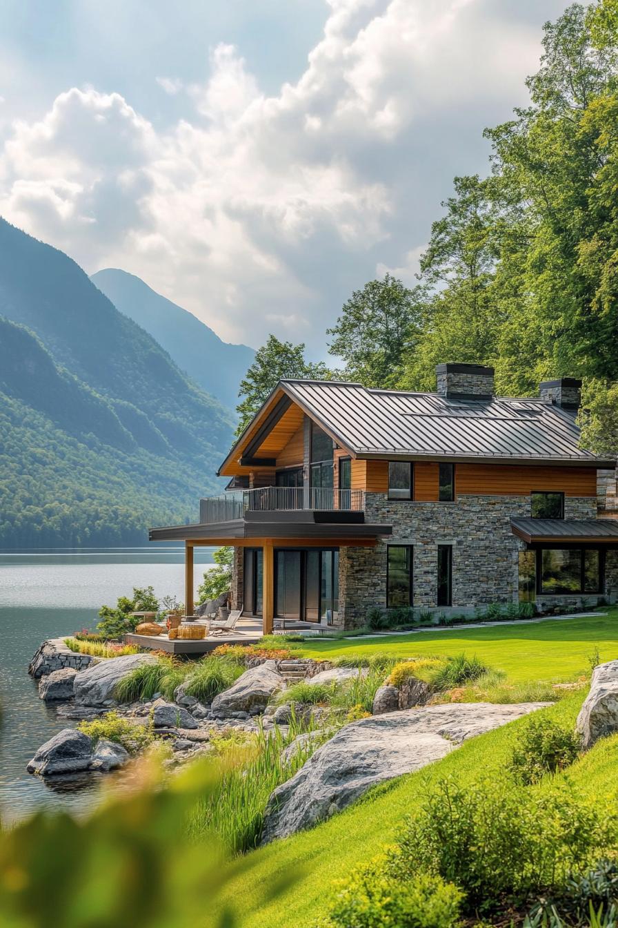 mountain house on a green hillside three storied facade stone and wood cladding metal roof with overhangs front yard borders with a lakeside lined with rocks mountain range in the background