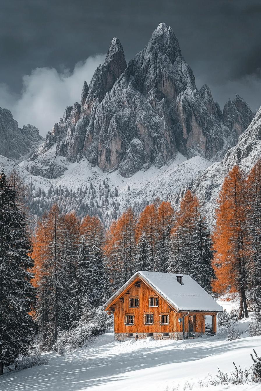 mountain house with imposing snowy mountains in the background 2