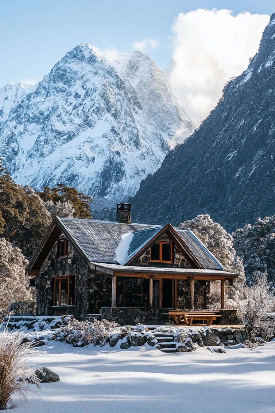 mountain house with imposing snowy mountains in the background