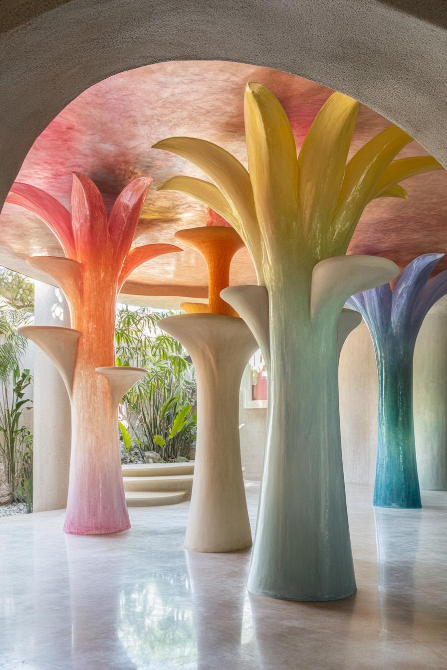 organic architecture house large courtyard with columns which have tols in the shape of lillies in various gradient colors 1