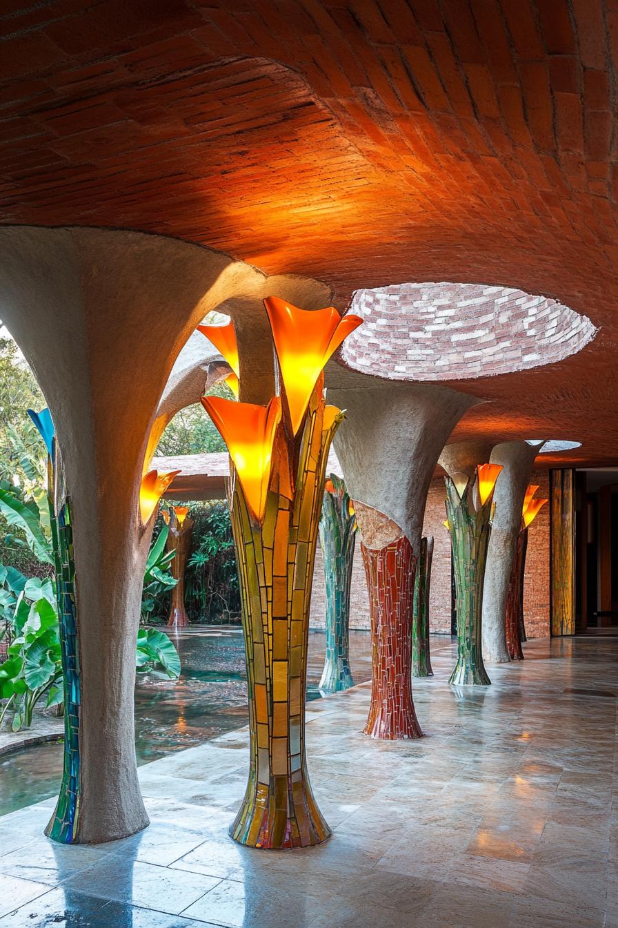 organic architecture house large courtyard with columns which have tols in the shape of lillies in various gradient colors 3